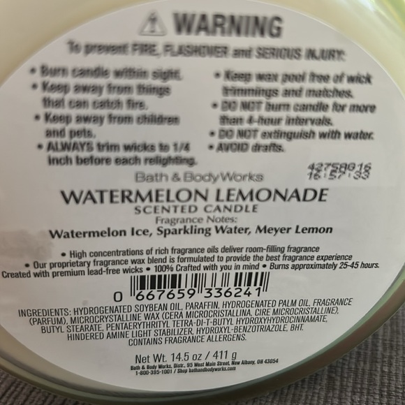 Bath & Body Works Watermelon Lemonade 3-Wick Sented Candle NEW - Picture 4 of 4